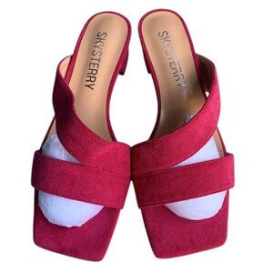 Skysterry Open Toe Heels Women’s 9 Red Suede Chunky Low Heel Dress‎ Shoes NWOB